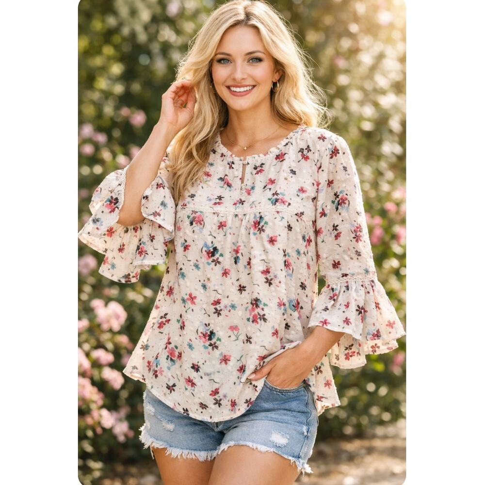 Matilda Jane Ditzy Floral Swiss Dot Peasant Blouse Ruffle Sleeve Lined Medium